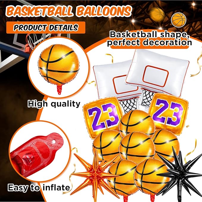 Soulchen 12 Pcs Basketball Birthday Party Balloons Decorations 6 Pcs Basketball Aluminum Foil Balloon 2 Hoop Foil 2#23 Jersey 2 Exploding Star for Birthday Party Sports Themed Decorations