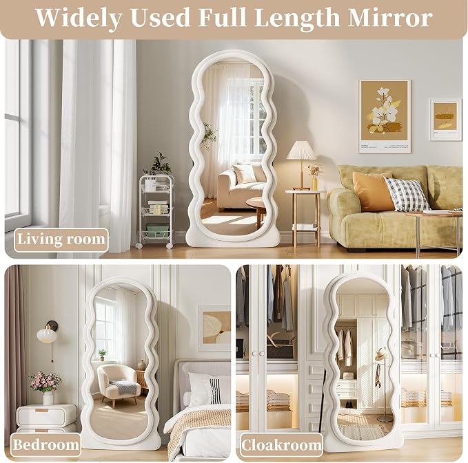 Full Length Mirror, 63"x24" Full Body Mirror with Stand | Full Body Mirror with Stand, Flannel Floor Mirrror Bedroom and Living Room, Wall Mirror Hanging or Leaning, Beige
