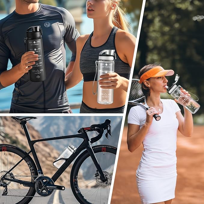 Enerbone Water Bottle, Leakproof BPA & Toxic Free, Motivational Water Bottle with Times to Drink and Straw, Fitness Sports Water Bottle with Strap for Office, Gym, Outdoor Sports