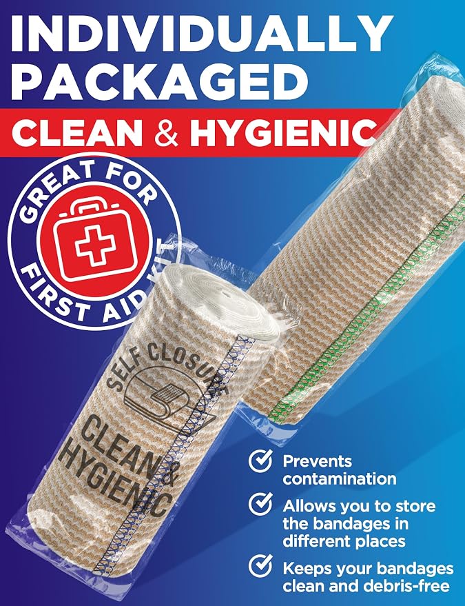 Premium Elastic Bandage Wrap - 6pack (2x2in, 2x3in, 2x4in) - Self-Closing | Strong Compression Bandage Wrap for Leg, Ankles, Wrists, and Knees - For First Aid Kit and After Surgery Recovery