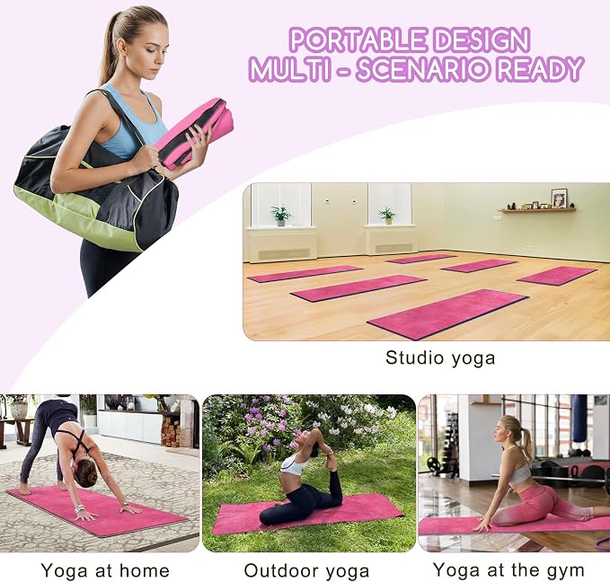 Yoga Mat Towel, Extra Thick (600GSM) Soft Hot Yoga Towel, Non-Slip and Sweat Absorbent for Hot Yoga, Bikram, Pilates, and Fitness, 72" x 27.5", Dual-Color, Grey/Pink