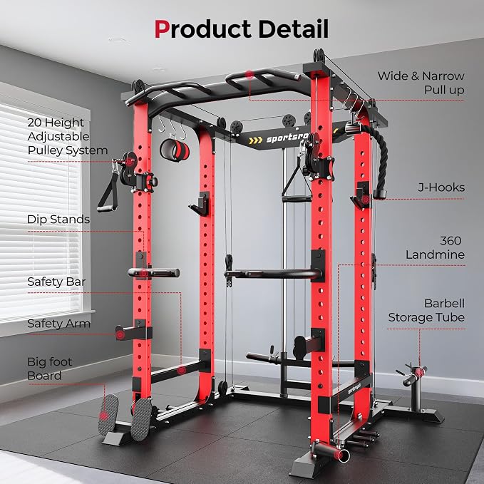 SPORTSROYALS Power Rack, Multi-Functional Power Cage, Squat Rack with Pulley System & LAT Pull Down, Workout Cage with J Hooks for Home Gym