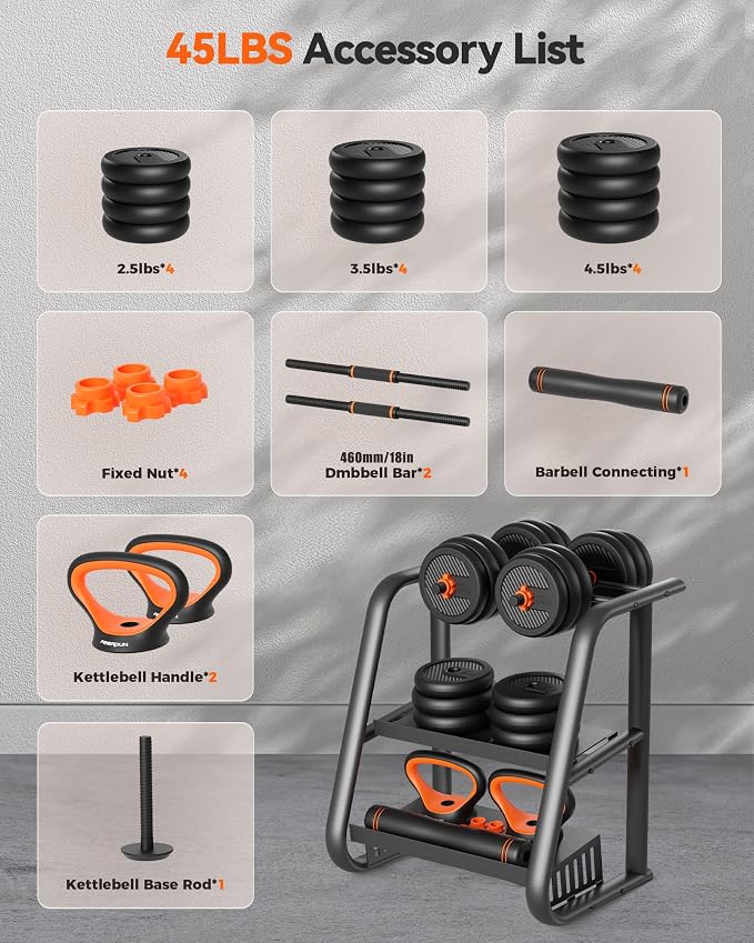 FEIERDUN DS2 Adjustable Dumbbells, 20/30/40/45/70/90lbs Free Weight Set with Connector, 5 in1 Dumbbells Set Used as Barbell, Kettlebells, Push up Stand, Weight Plate, Fitness Exercises for Home Gym Suitable Men/Women