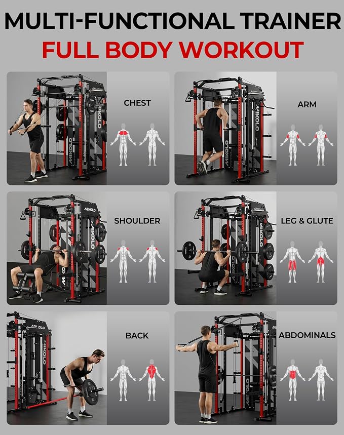 Mikolo Smith Machine with Weight Stack, Power Cage Home Gym System with LAT Pulldown & Cable Crossover, Multi-Functional Trainer with Dual Pulley System, Includes 10+ Free Attachments