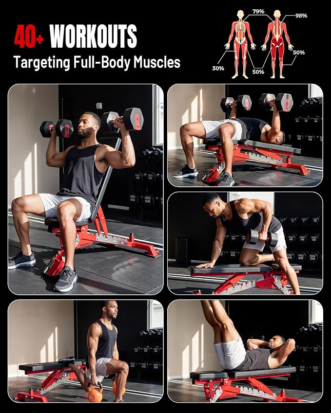 Mikolo Weight Bench - 1300 Weight Capacity and 40 Adjustable Positions for Full Body Workouts, Incline, Decline and Flat Setting for Garage and Home Gym