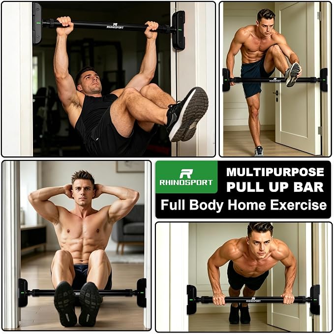 RHINOSPORT Door Pull Up Bar Doorway No-Screw from 69-92 cm (27.1in-36.2in) Workout Equipment for Home Gym Upper Body Workout Non-slip 2x EXTRA Foam Padding for Ultimate Door Frame Protection