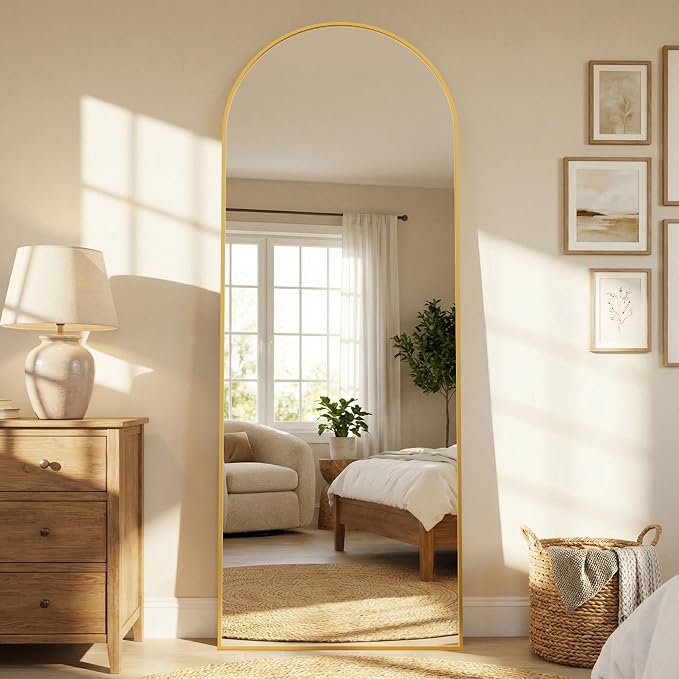 58"x18" Arched Full Length Mirror with Stand, Free Standing Leaning Wall Mounted Aluminum Alloy Frame Mirror for Bedroom Living Room Cloakroom, Gold
