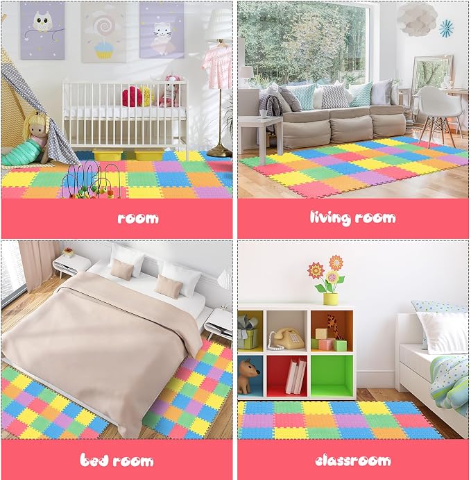 Shihanee Foam Floor Tiles Foam Floor Mats Play Mats Bulk with Borders Interlocking for Bedroom Gym Nursery(11.8 x 11.8 Inch,Colorful)