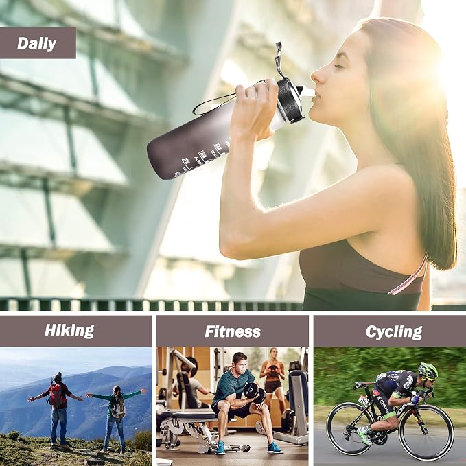 YC Kitchen Motivational Water Bottle with Time Marker - 32oz, Leak-proof BPA Free Sports Water Bottles with Straw & Carrying Strap