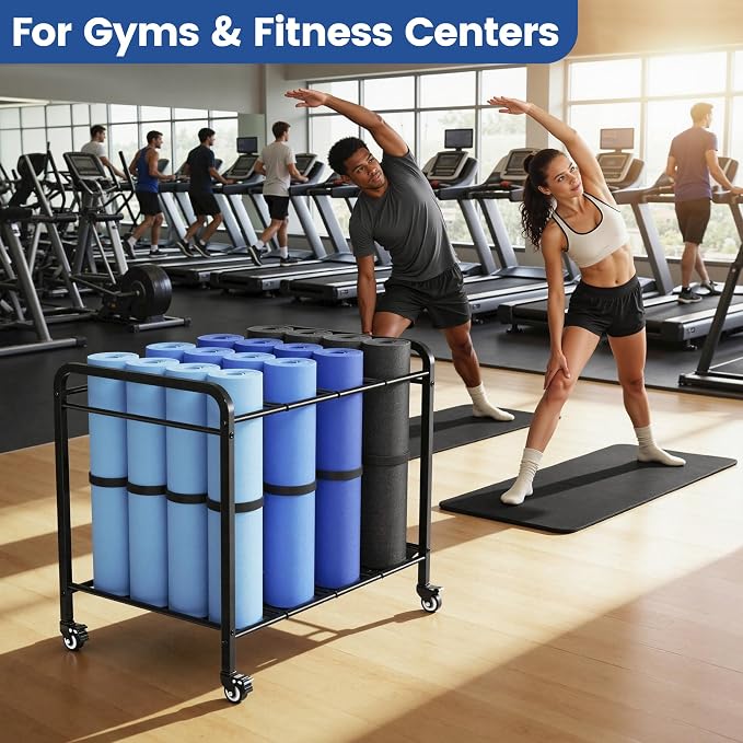 Yoga Mat Storage Rack Basket with Wheels for Foam Rollers, Metal, Home Gym | Floor-standing cart for yoga studios, gyms and fitness classes | Stores dumbbells and kettlebells with workout gear
