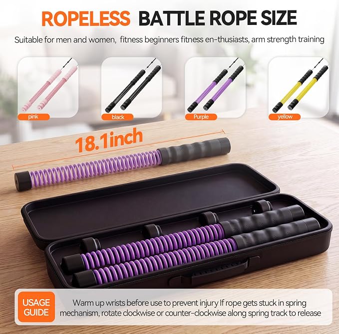 Cordless Ropeless Battle Ropes for Home Gym, 3 Adjustable Resistance, Heavy Duty Strength Training Equipment for HIIT, Full Body Workout, Men & Women, Purple