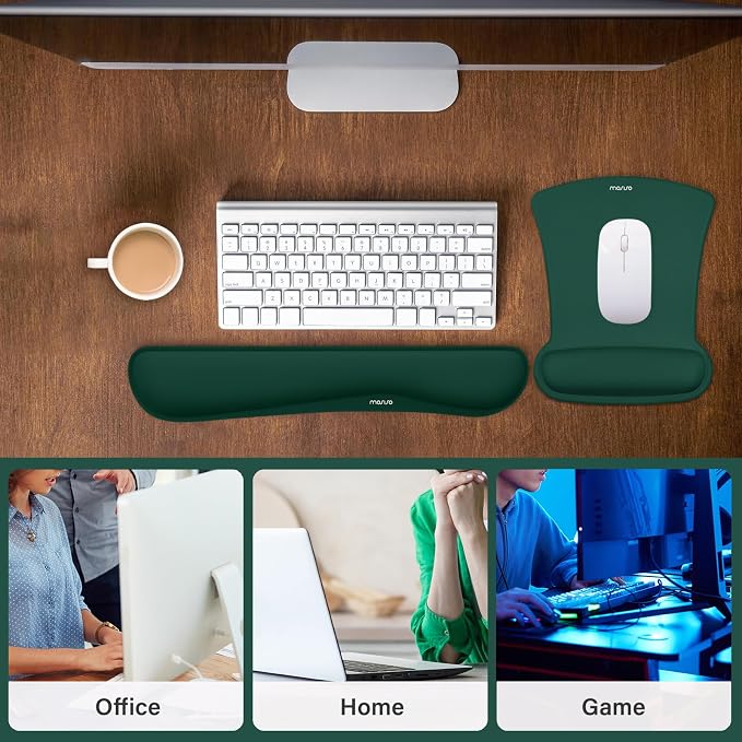 MOSISO Wrist Rest Support for Mouse Pad & Keyboard Set, Ergonomic Mousepad Non-Slip Base Home/Office Pain Relief & Easy Typing Cushion with Neoprene Cloth & Raised Memory Foam, Peacock Green