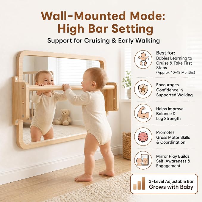 Woodtoe 3-in-1 Montessori Mirror with Bar, Adjustable Tummy Time Mirror 6M+ | Toddler Mirror & Pull Up Bar, Montessori Learning Toy for Baby 6-18 Months, Nursery Mirrors, Natural Wood Kids Furniture