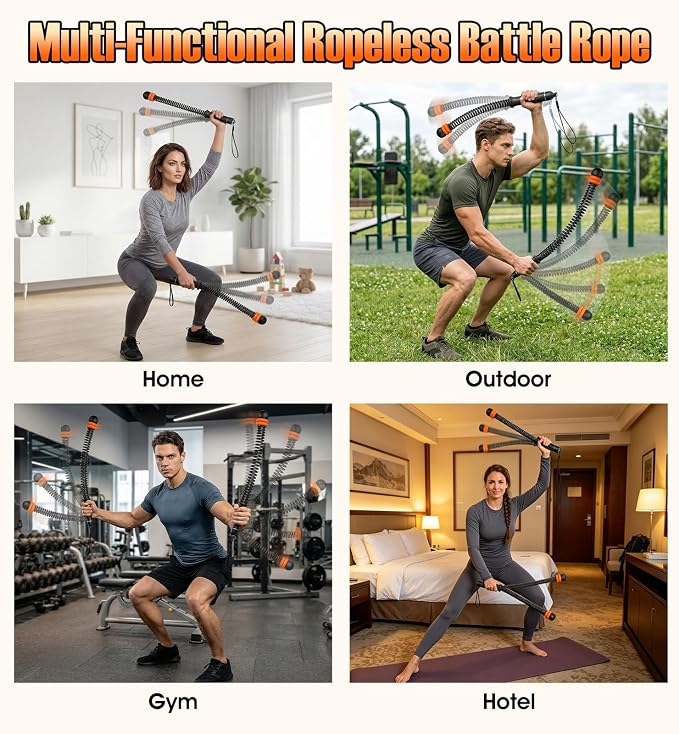 Weighted Ropeless Battle Ropes with Adjustable Spring Resistance, Quiet Cordless Battle Rope Sticks for Apartment Home Gym, Portable Workout Equipment with Weighted Handles for HIIT Cardio Training