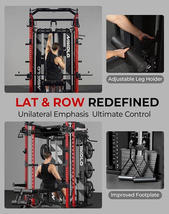 Mikolo Smith Machine with Weight Stack, Power Cage Home Gym System with LAT Pulldown & Cable Crossover, Multi-Functional Trainer with Dual Pulley System, Includes 10+ Free Attachments