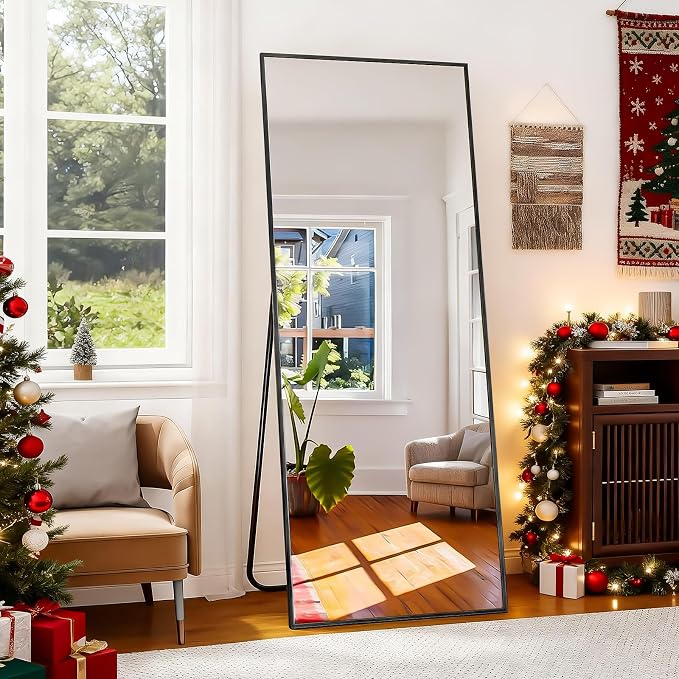 BEAUTYPEAK Full Length Mirror with Stand, 56"x21" Floor Mirror | ShatterVue Tempered Full Body Mirrors with Aluminum Alloy Thin Frame, Standing or Wall-Mounted Mirrors for Living Room, Black