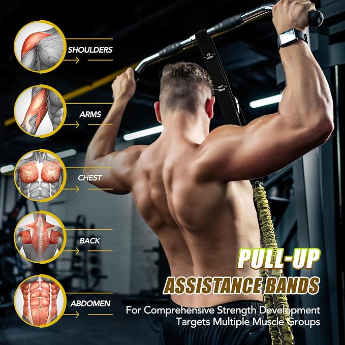 ALongSong Pull Up Assistance Bands with Foot Support Pedal - Upgraded Heavy Duty Resistance Bands Adjustable Weight/Height with 80Lbs Bands&Measured Strap for Strength Training Home Gym