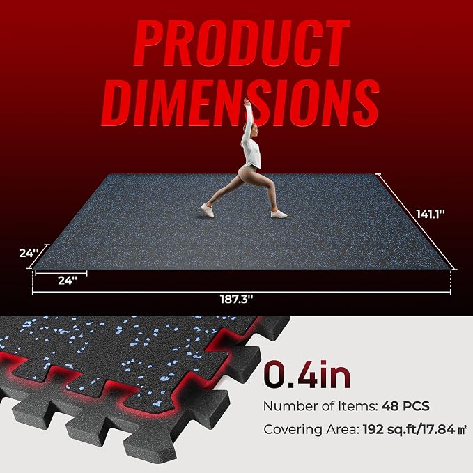 SUPERJARE 0.4'' Thick 48 Pcs 192 Sq Ft Rubber Top Exercise Equipment Mats, High Density EVA Foam Mats with Rubber Top, Interlocking Gym Flooring for Home Gym, Protective Workout Mat, Black/Blue