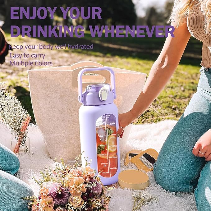 64oz Glass Water Bottles with Straw, Half Gallon Motivational Glass Bottle with Silicone Sleeve and Time Marker, 2L Leakproof Large Glass Water Jug for Gym Home Office, Purple