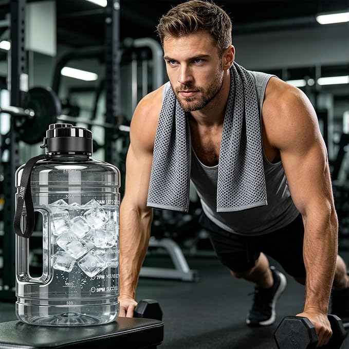 Large Water Bottle with Motivational Time Marker & Straw & Handle,2 Lids | BPA Free,Gallon Water Jug, Half Gallon water Bottle for Sport Gym Camping Workout Outdoors Yoga (Clear)