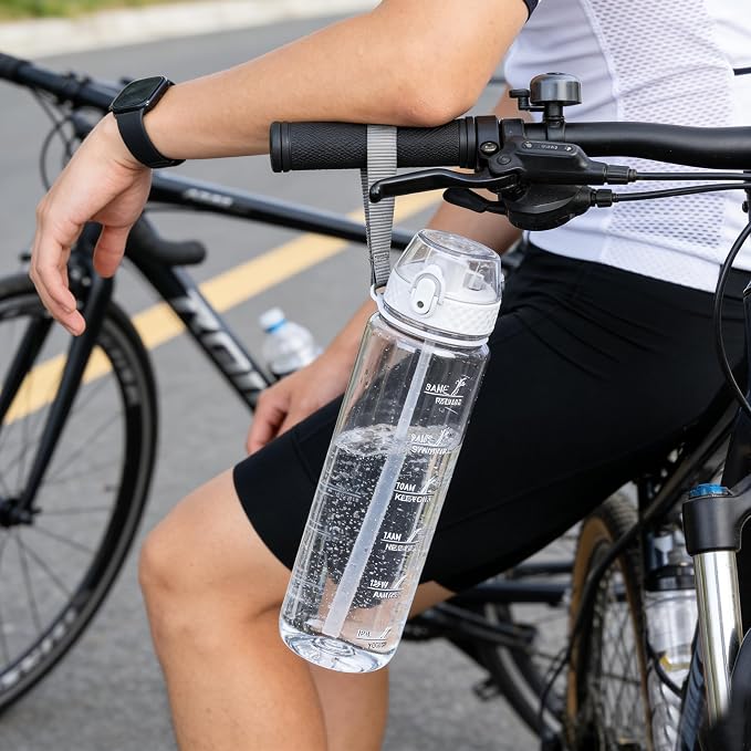 GOPPUS 32oz Clear Motivational Water Bottle with Straw & Time Marker, BPA Free Tritan Leakproof Sports Bottle, Wide Mouth Reusable Bottle for Gym, Hiking, Travel, School & Office๏ผClear๏ผ