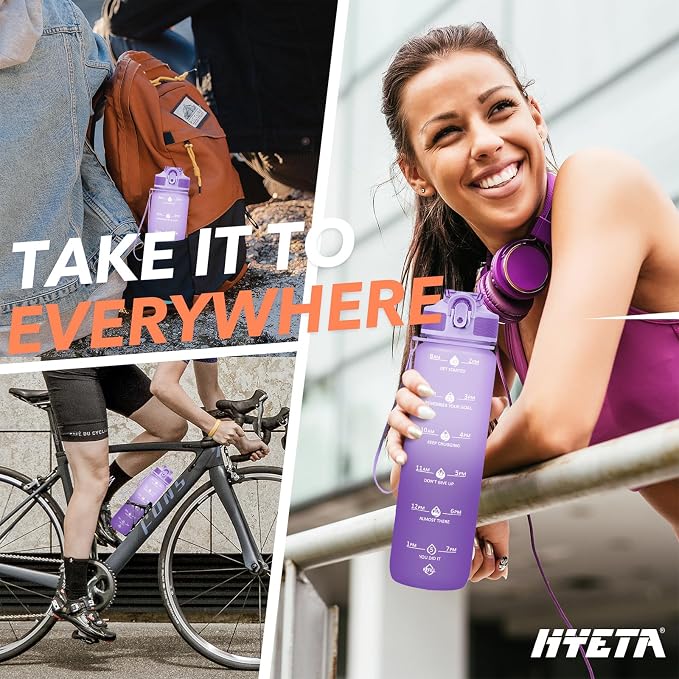 Hyeta Plastic Water Bottle With Straw & Time Marker, 32oz Leakproof Jug | Motivational Tritan BPA Free Gym Office Outdoor Intake Tracker Hourly Reminder Straw Lid Lightweight