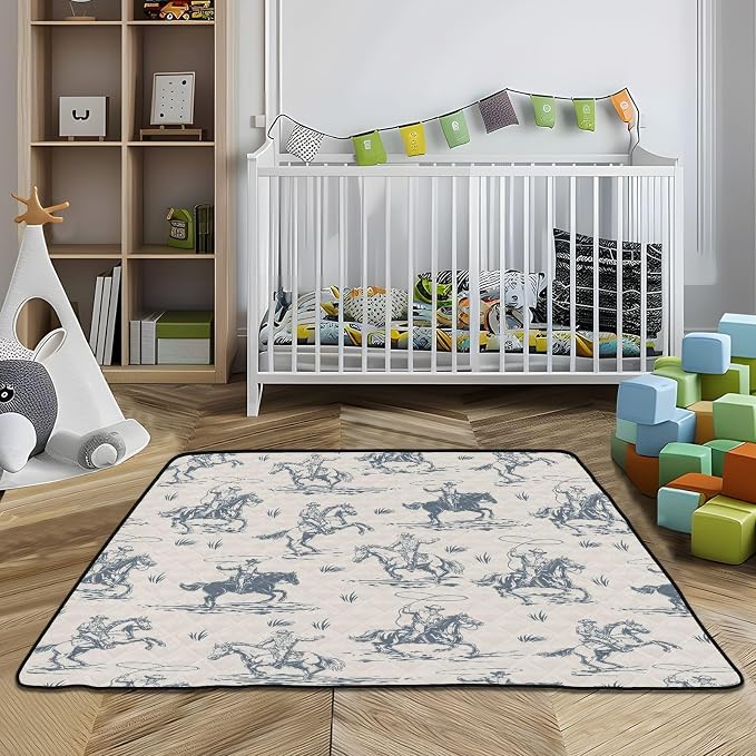 Baby Play Mat Western Cowboy Horse Retro 50" X 50" Play Gym Crawling Mat Soft Non-Slip Portable Picnic Floor Mat for Infant, Babies, Toddler, Kids