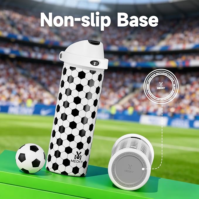 24 oz Insulated Water Bottle with Straw: Meoky Stainless Steel Soccer Water Bottle with 2-in-1 Lid - Leak Proof, Cold for 24 Hours, Fits in Car Cup Holder, Soccer Gifts for Boys Girls, Arena Light