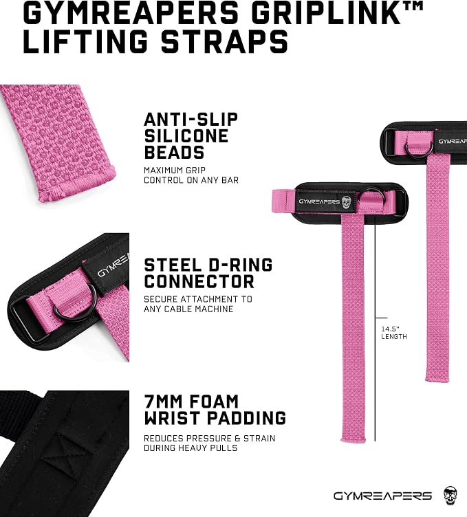 Gymreapers GripLink Lifting Straps – Heavy Duty D-Ring Weight Lifting Wrist Straps with Anti-Slip Silicone Grip Beads, Adjustable Support for Deadlifts, Powerlifting, Cable Machines & Gym Training