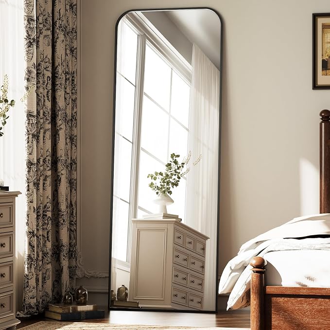 Full Length Mirror 64"x21" Arched Floor Standing Large Mirrors | Full Body Mirror with Stand - with Aluminum Frame for Bedroom Living Room, Black