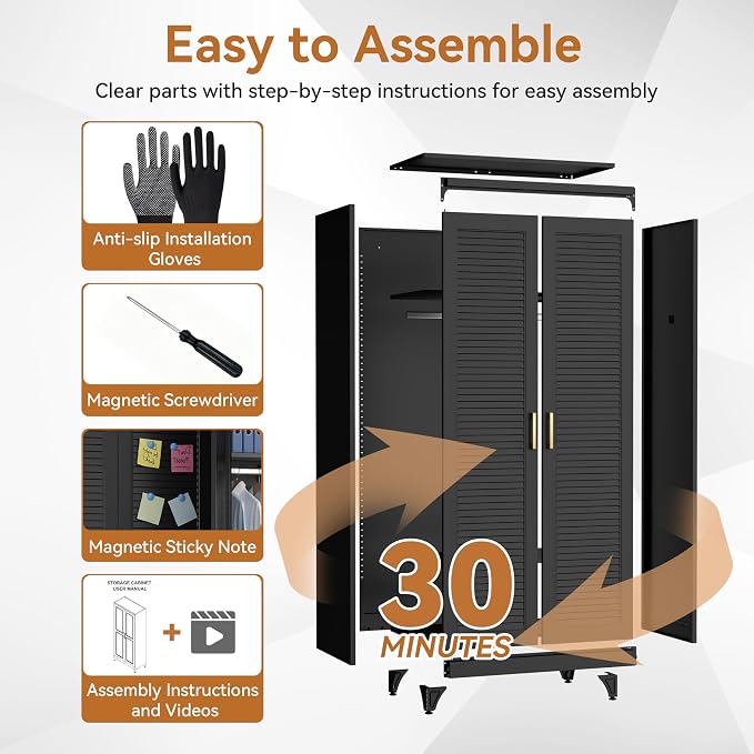 Polup 71" Tall Metal Armoire Wardrobe Closet with 2 Doors | Heavy Duty Steel Clothing Storage Cabinet with Hanging Rod & Adjustable Shelves, Locker Organizer for Bedroom, Office, Black