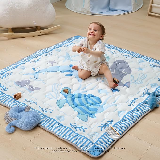 Momcozy Baby Play Mat for Floor, 50"x50" Thickened Playpen Mat | Playmate for Baby Tummy Time, Waterproof & Non-Slip, Foldable Outdoor Mat with Carrying Handle, Ocean Parade