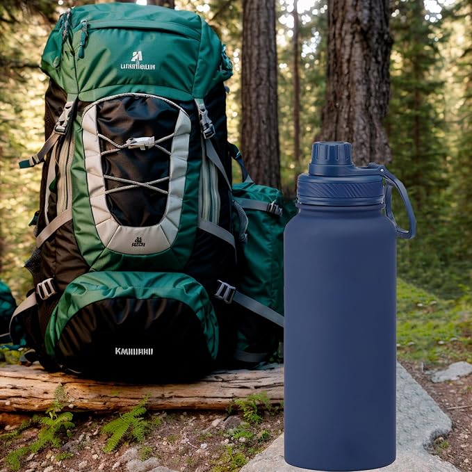 32 oz Insulated Metal Mens Water Bottle | Navy,Stainless Steel, 1 Liter, Leakproof, 2 Lids, Large Sports Water Bottle for Gym,Hiking