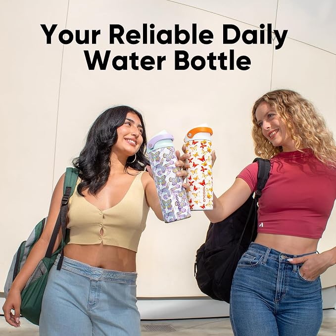 ENCOOL Leakproof Insulated Water Bottle with Straw Dual-Sip Water Bottle Bag-Safe Design for Work, Commute & Gym – Keeps Drinks Cold All Day, 32 oz, Mosaic Butterfly