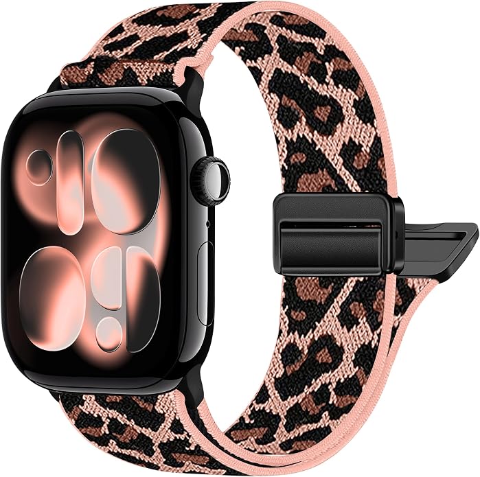 Leopard Braided Magnetic Nylon Watch Bands Compatible with Apple Watch Bands 40mm 41mm 42mm 44mm 45mm 46mm 49mm 38mm Women Men, Elastic Sport Strap for iWatch Series 11 10 9 8 7 6 5 4 SE Ultra 3 2 1