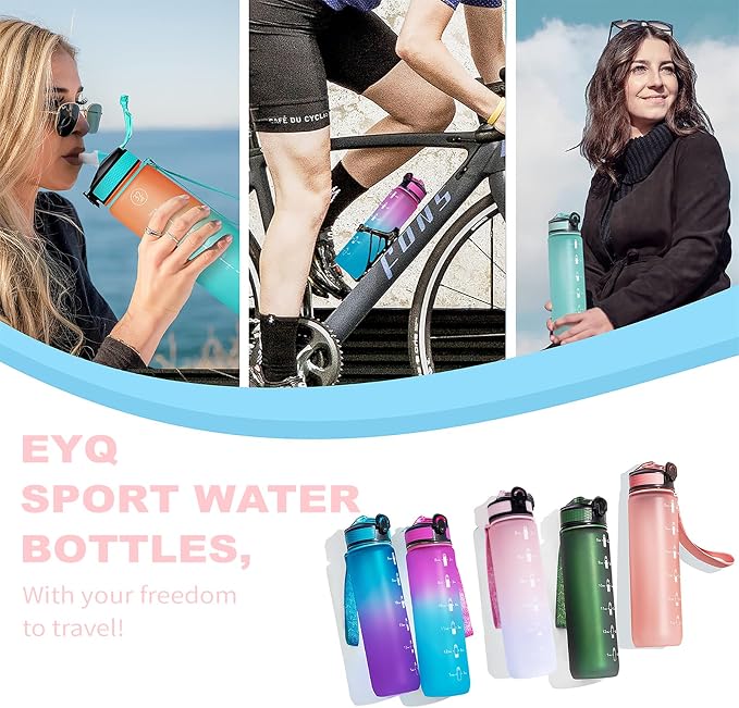 EYQ 32oz Water Bottle with Straw, Time Marker, Blue Purple | Blue Purple Tritan, BPA Free, Time Marker, Leakproof Lock Lid, Wide Mouth, for Gym, School, Office and Travel