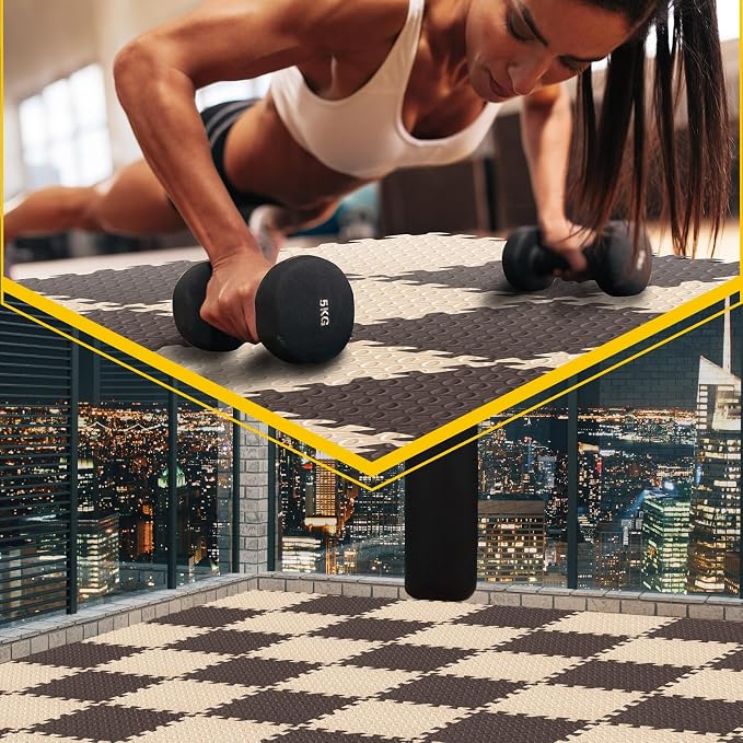 Ecally 100 Pcs 12 x 12 Gym Mat Foam Floor Mats for Home Gym Covers 96 Sq Ft Puzzle Exercise Square Interlocking Carpet Tiles with Border for Workouts Equipment Yoga Pilates (Beige,Brown)