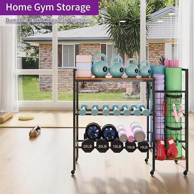 HavenlyYouth Dumbbell Rack, Home Gym Weight Rack Storage, Adjustable Dumbbell Stand Organizer with Wheels, Holds Dumbbells, Kettlebells, Yoga Mats