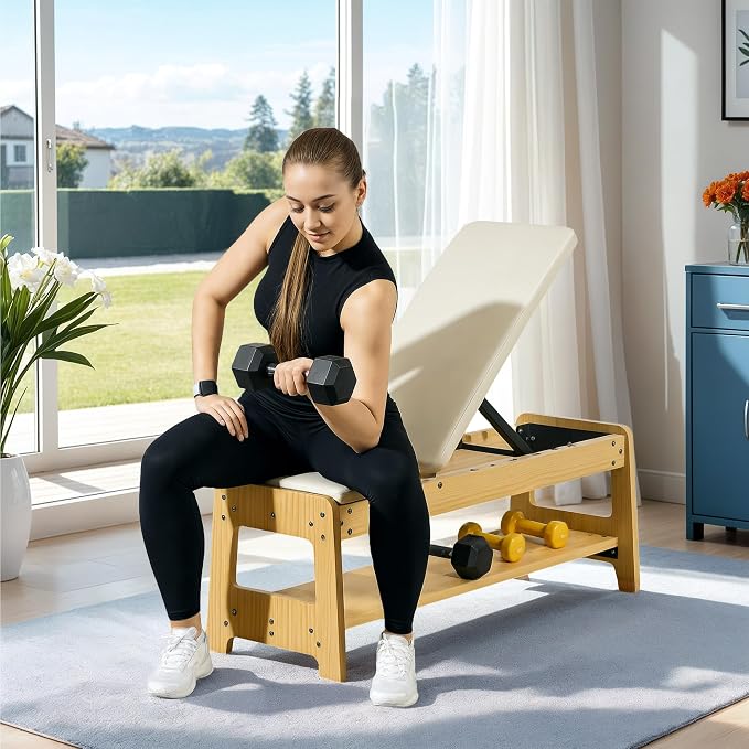 Soozier Adjustable Weight Bench with Dumbbell Rack Wooden Gym | Flat or Incline Design, Home Gym Weight Lifting Training
