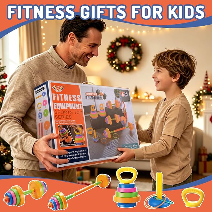 5-IN-1 Kids Weight Set, Kids Workout Equipment , Kid Exercise Equipment Toy | Adjustable Kettlebell , Barbell, Push-Up , Ring, Toddler Weights Gym Set Bench Workout Gift for Boy Girl