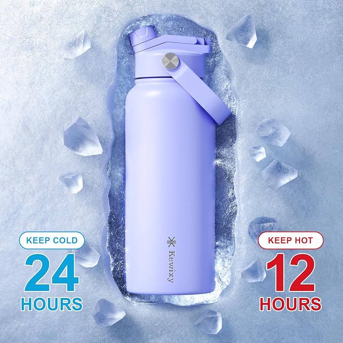 KEWIXY 32 oz Insulated Water Bottle, 2-in-1 Lid, Straw & Spout with Protected, Leak Proof, Keep Cold, Stainless Steel, Metal, Reusable, Handle, for Outdoor, Gym and School, 2 Lids, Aurora Blue