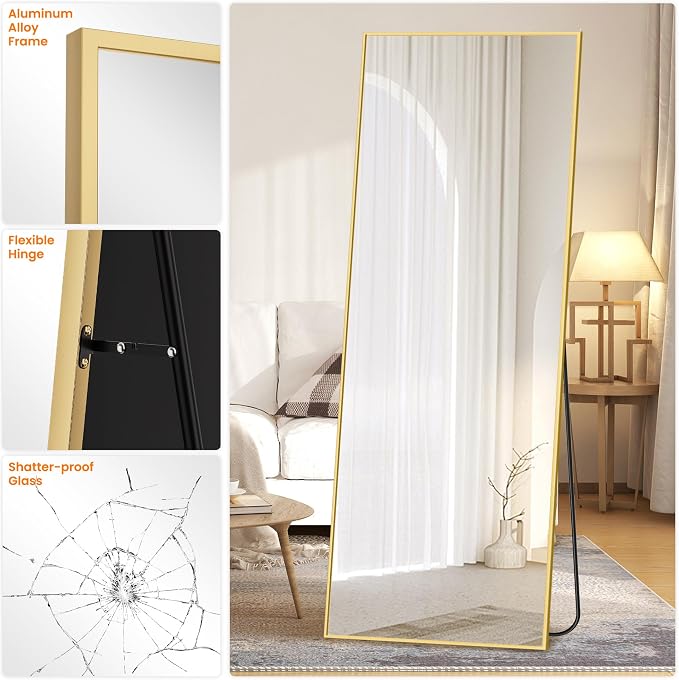 TRAHOME Full Length Standing Mirror, 70"x24" Gold Full Body Mirror with Aluminum Alloy Frame, Free Standing or Wall Mount for Bedroom, Living Room, Dressing Room