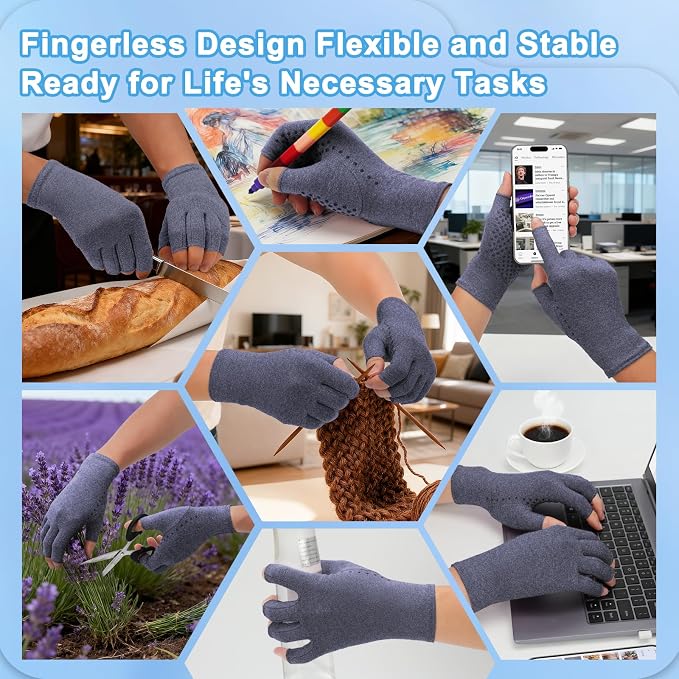 DRNAIETY 2-Pair Arthritis Compression Gloves- for Hand Arthritis, Carpal Tunnel Pain, Rheumatoid Arthritis, RSI, Fingerless, Anti-Slip, Breathable Gloves for Men & Women, Typing, Daily Use(S Blue)