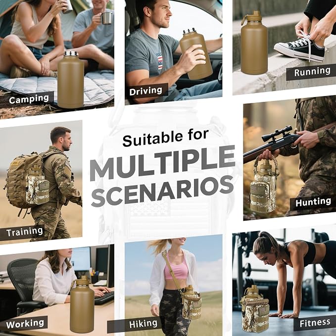 DEFUNX Half Gallon Water Bottle Insulated with Sleeve - Tactical 64 oz Stainless Steel Water Jug with MOLLE Water Bottle Pouch, Gym Water Bottles for Men Hiking Workout (Desert Digital Camo)
