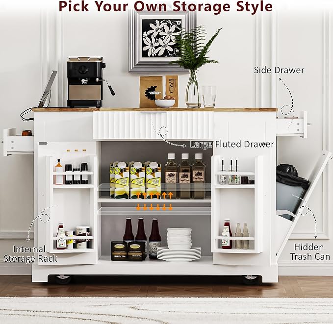 Merax Fluted Kitchen Island with Trash Can Storage Cabinet, Power Outlet, Internal Storage Rack, Rolling Kitchen Storage Cart on 5 Wheels with 3 Drawer, 3 Open Side Racks, White