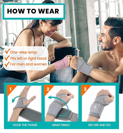 HiRui Wrist Wraps 2-Pack, Adjustable Breathable Wrist Support Brace for Men & Women – Pain Relief for Carpal Tunnel Syndrome, Tendonitis, Arthritis, Sports, Workouts – Fits Left & Right Hand (Gray)