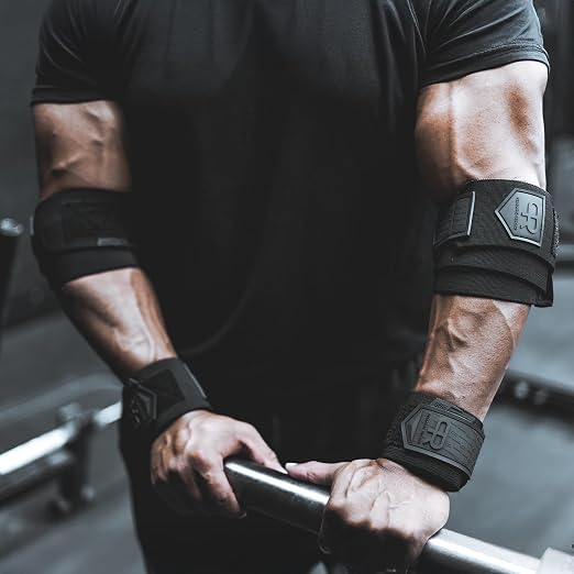 Elbow Wraps for Weightlifting - Heavy Duty Construction, 25% More Elasticity, Reinforced Stitching, Extra Wide Fastener, Easy to Adjust, All Black