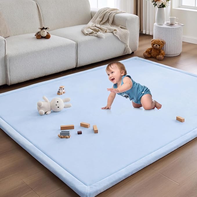 Baby Play Mat for Floor Nursery Rug Muscle Area Playroom Rug Elastic Foam 79x110" Playpenmat Elastic Foam 1.3" Thick Crawling Mat for Babies,Toddlers, Infants, Kids(Ripple Light Blue)