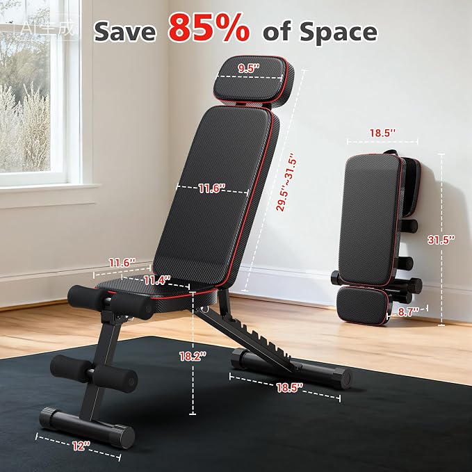 XDDIAS Workout Bench, 10 Backrests Adjustable Weight Bench with Extended Headrest, 800LBS Foldable Weight Bench for Home Gym, Incline Decline Flat Bench Compact for Small Space Training