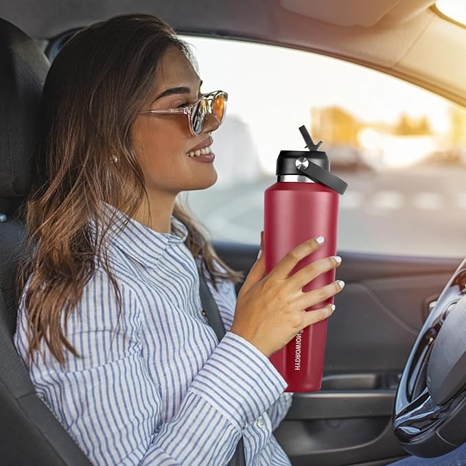 HYDROWION 40 oz Insulated Water Bottle, Car Water Bottle Holder - Double Wall Vacuum Insulated Travel Bottle with Straw Lid, Spout Lid and Flex Cap - Cold for 24H, Hot for 12H, Blue - Red